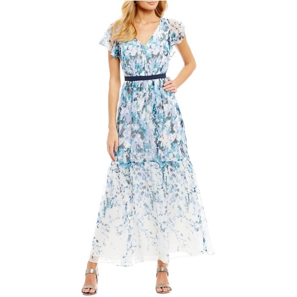 Adrianna Papell Dresses & Skirts - ADRIANNA‎ PAPELL Floral CASCADE Women 12 RUFFLE CHIFFON Tiered MAXI DRESS GOWN